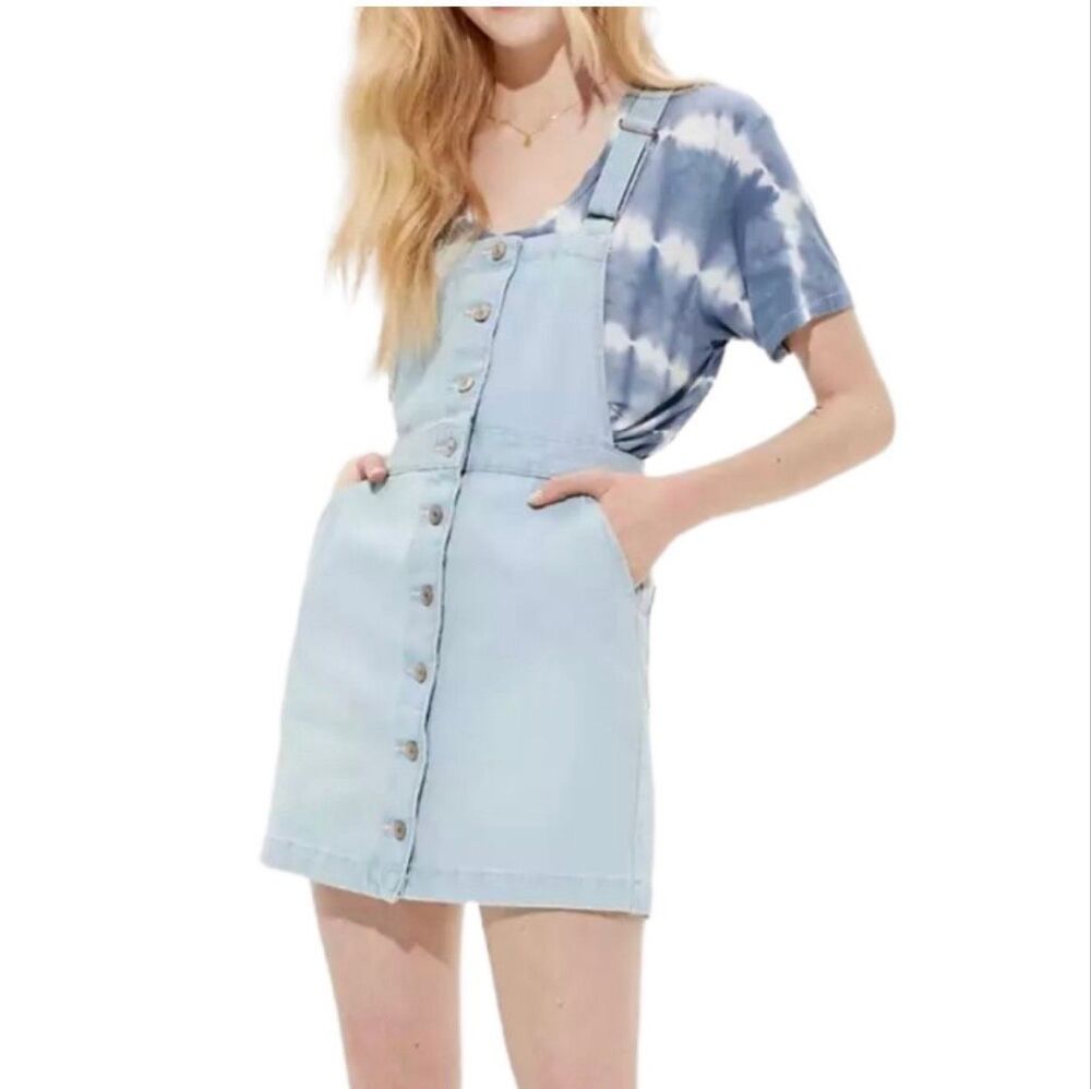 American Eagle Light Wash Denim Overall Dress | Size M